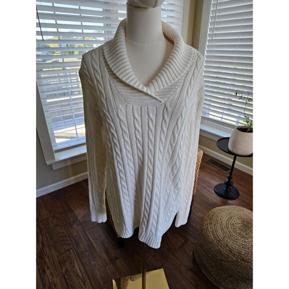 L.L Bean Shawl Neck Fisherman Cable-Knit Sweater Women's Size L Ivory - Picture 1 of 8